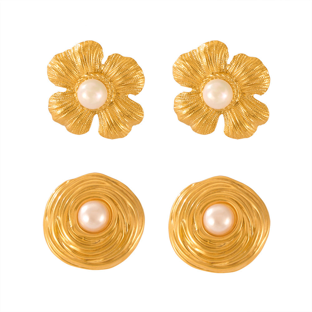 Stainless Steel Flower & Round Shape Inlay Imitation Pearl Stud Earrings