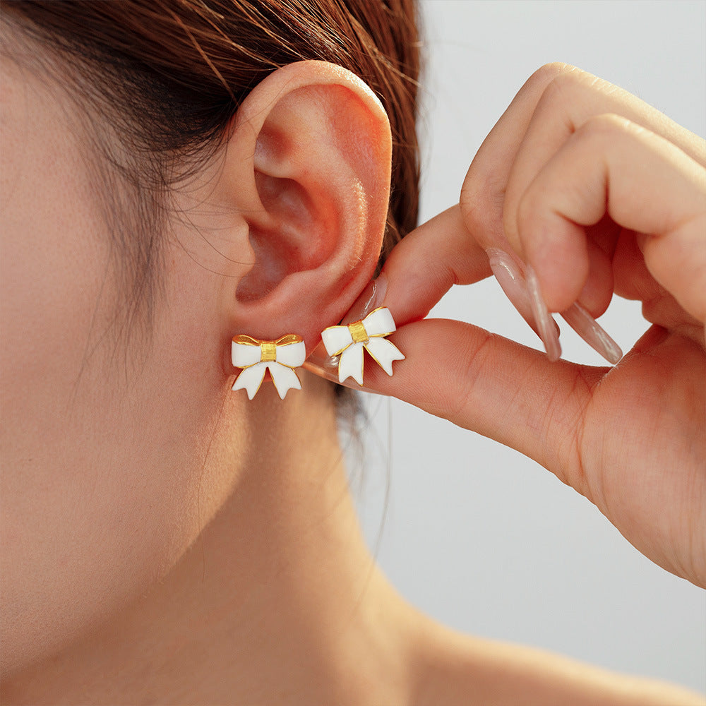 Stainless Steel Bowknot Drop Oil Stud Earrings