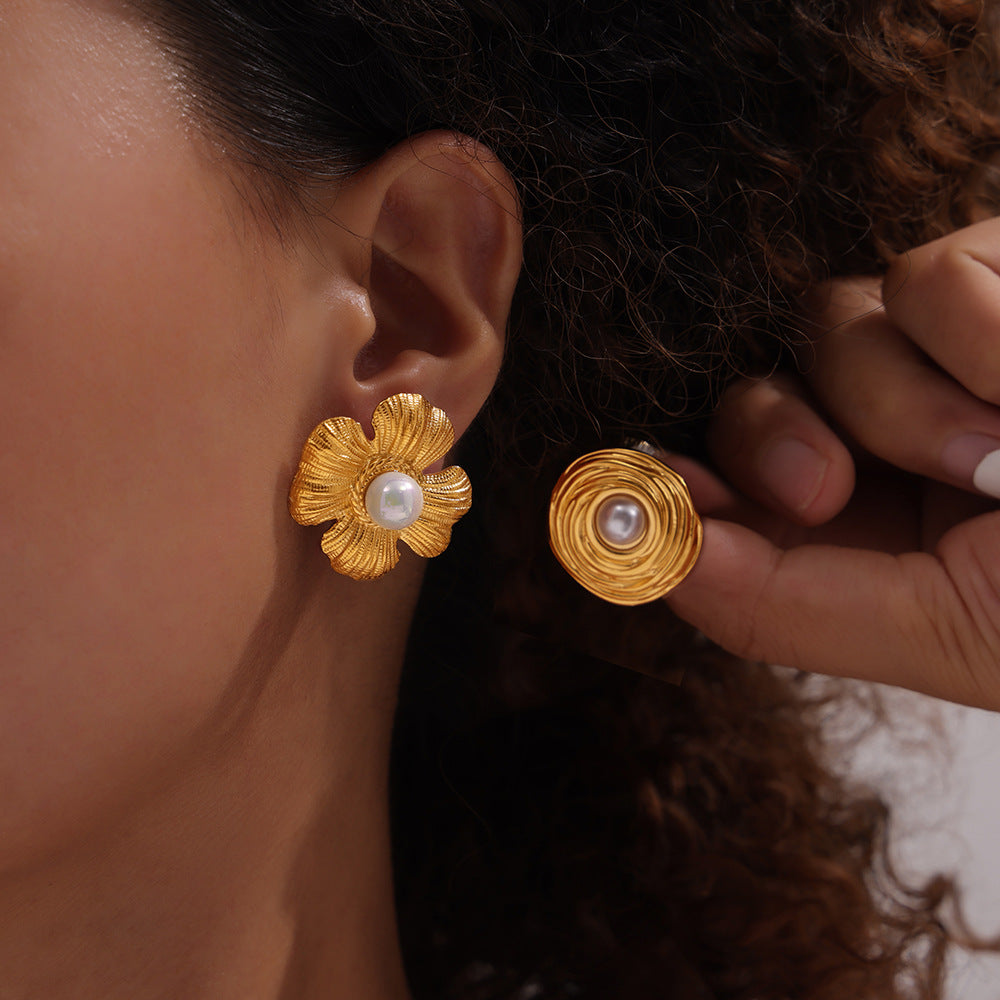 Stainless Steel Flower & Round Shape Inlay Imitation Pearl Stud Earrings