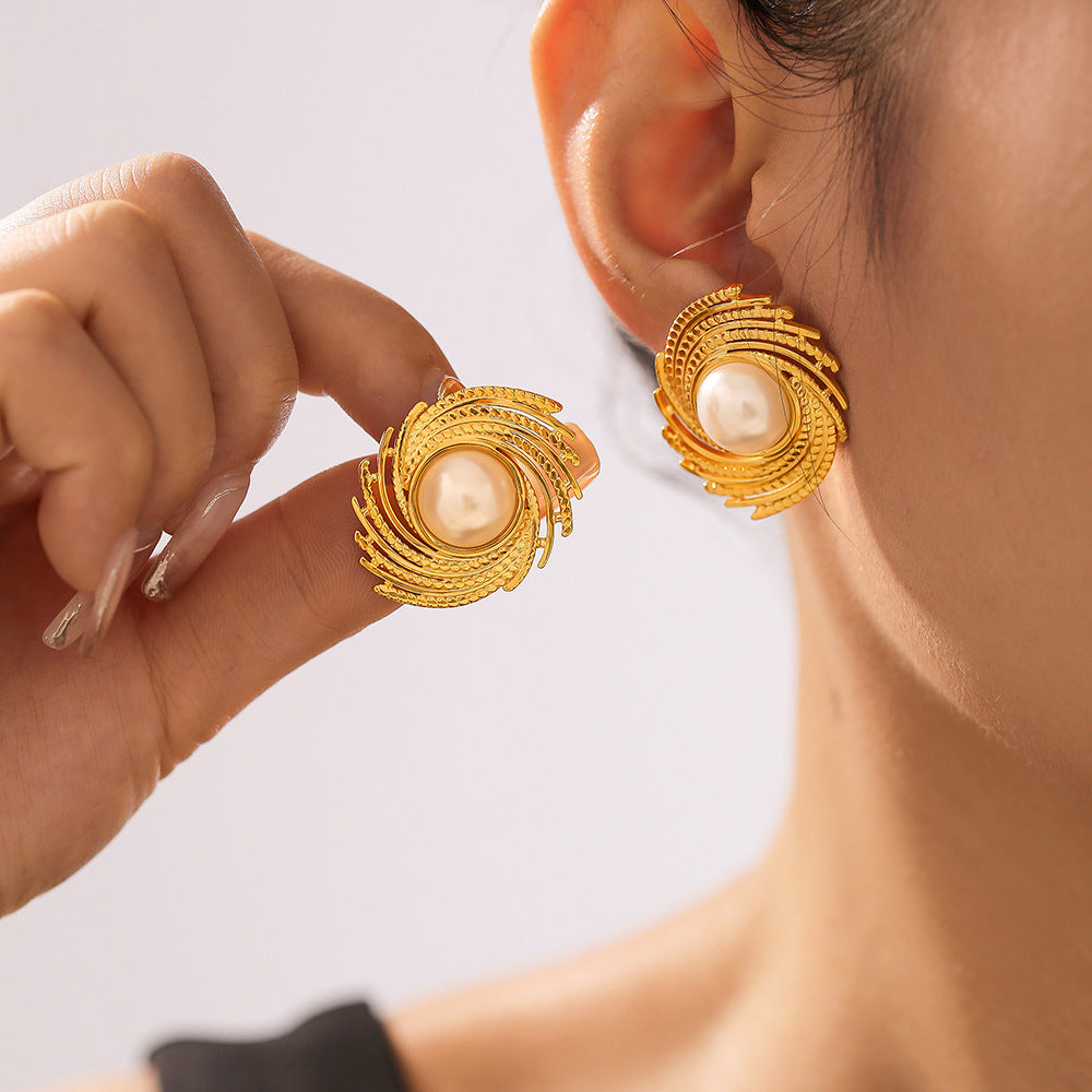 Stainless Steel Threaded Inlay Imitation Pearl Stud Earrings