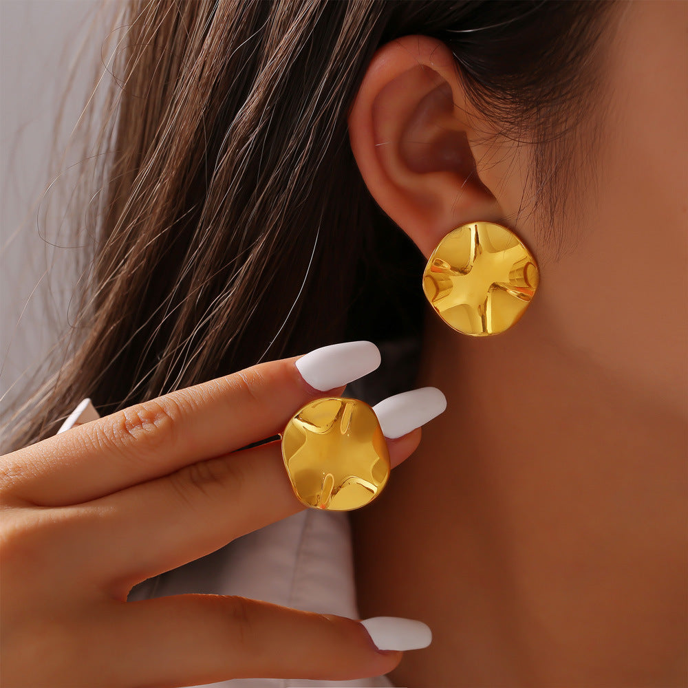 18K Gold PVD Round Textured Stainless Steel Earrings