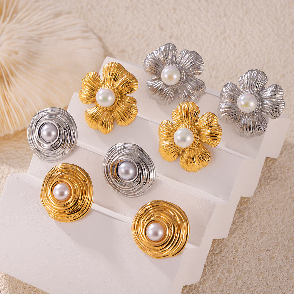 Stainless Steel Flower & Round Shape Inlay Imitation Pearl Stud Earrings