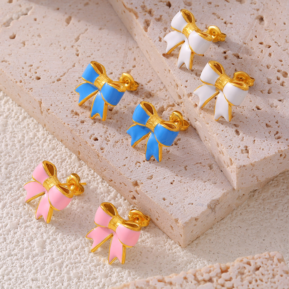 Stainless Steel Bowknot Drop Oil Stud Earrings