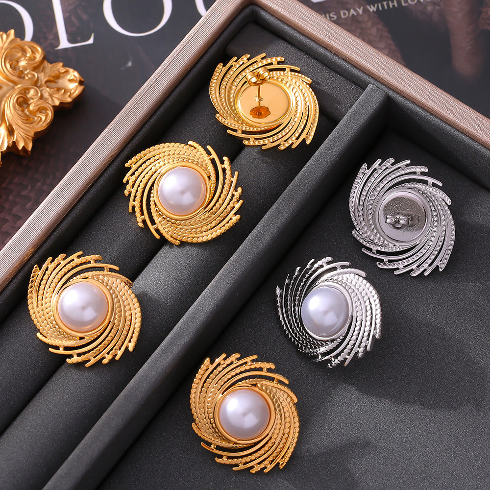 Stainless Steel Threaded Inlay Imitation Pearl Stud Earrings