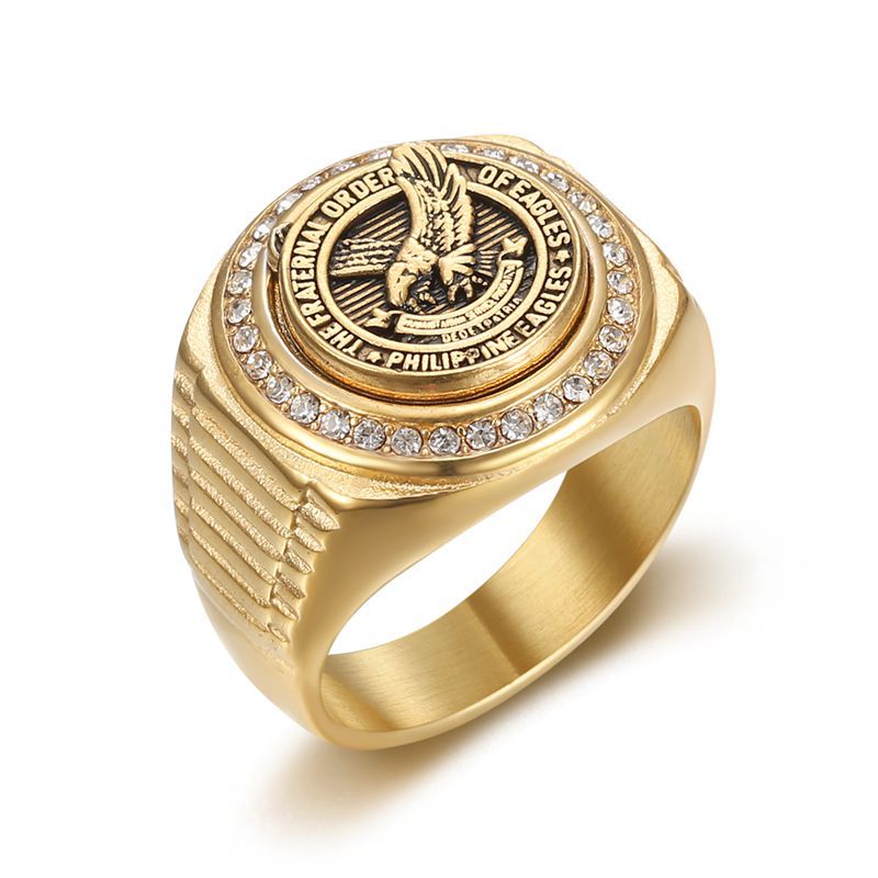 18K Gold PVD Inlay Cubic Zirconia Eagle Men's Signet Ring