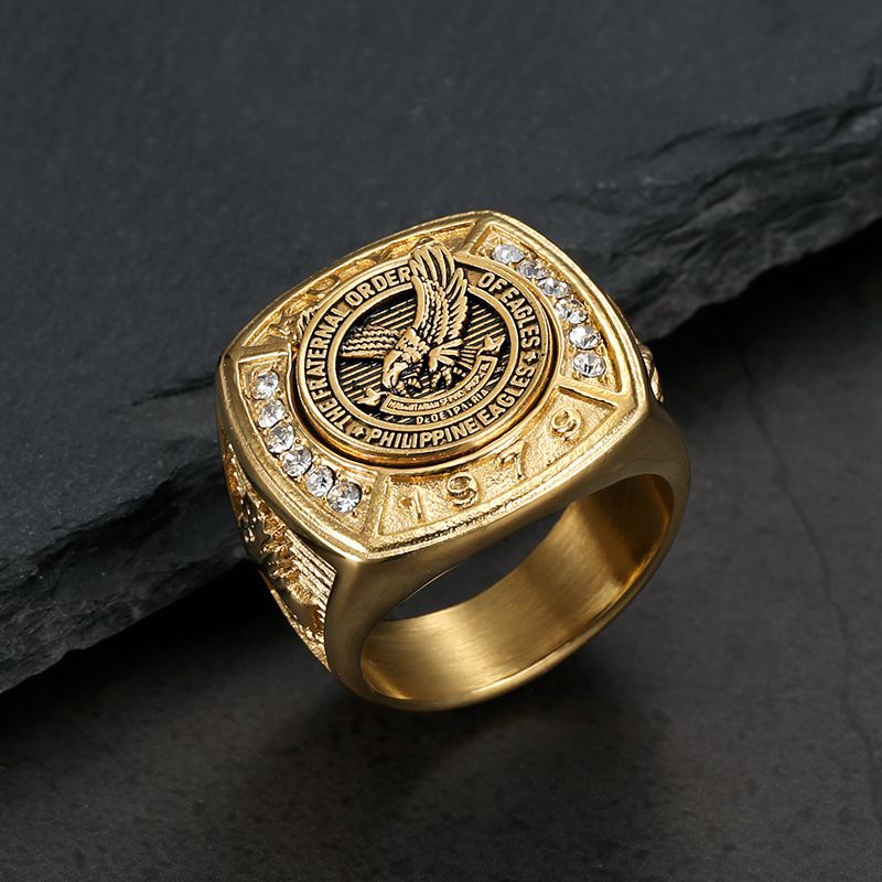 18K Gold PVD Inlay Cubic Zirconia Eagle Men's Ring