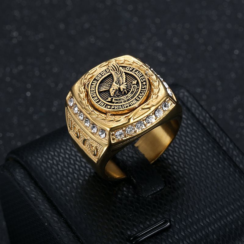 Stainless Steel 18K Gold PVD Inlay CZ Eagle Men's Ring