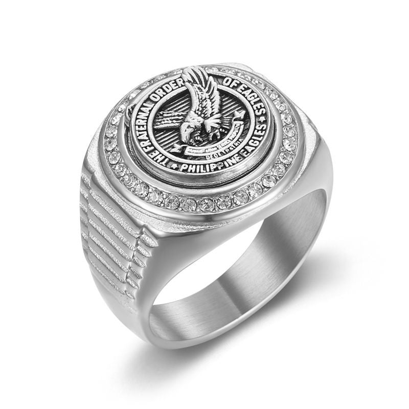 18K Gold PVD Inlay Cubic Zirconia Eagle Men's Signet Ring