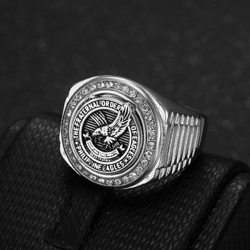 18K Gold PVD Inlay Cubic Zirconia Eagle Men's Signet Ring