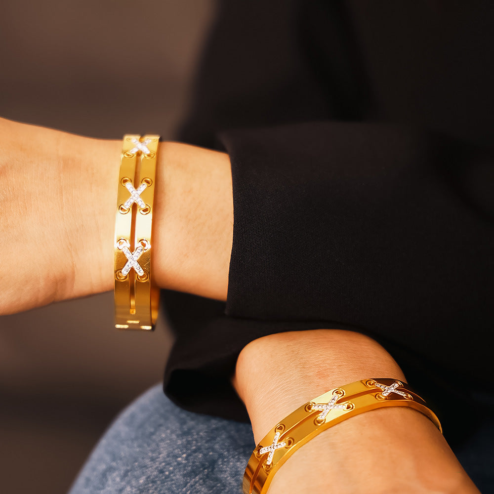 Cross Strap Stainless Steel Bangle Bracelet