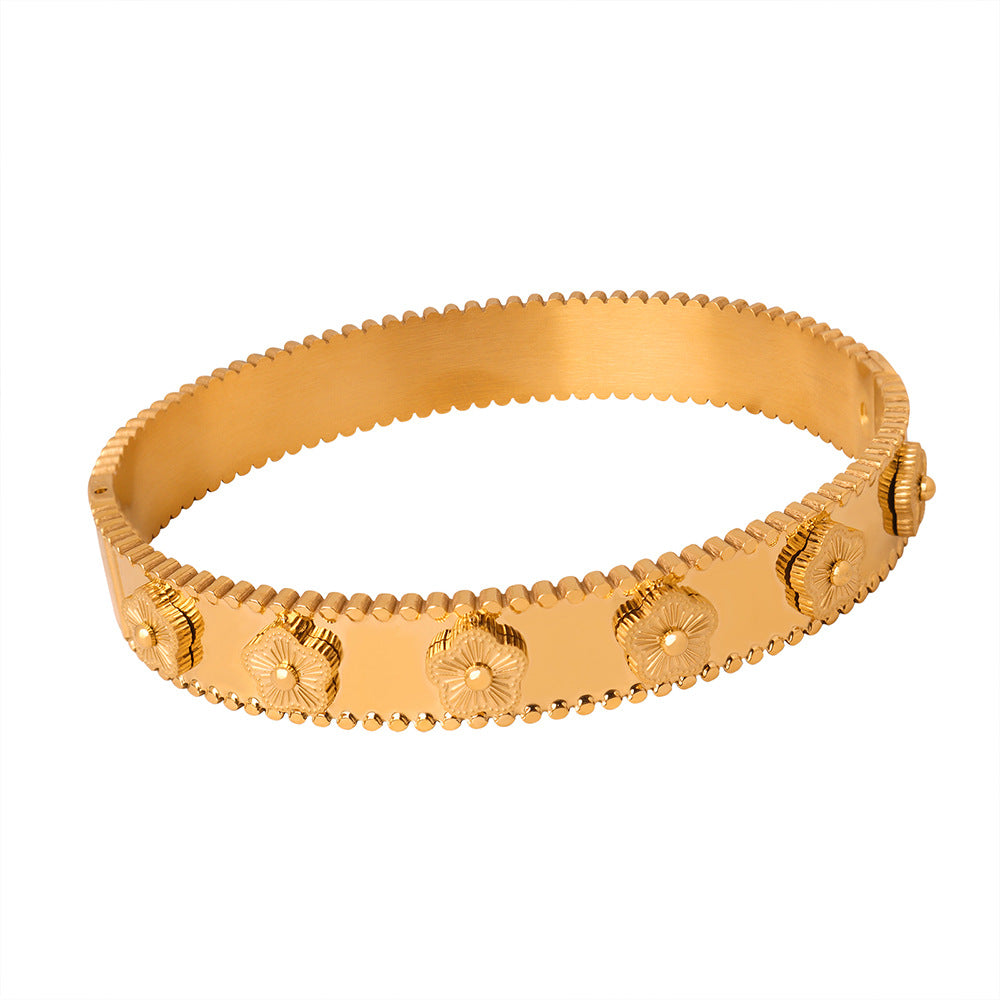 Vintage Flower Pattern Stainless Steel Bangle Bracelet