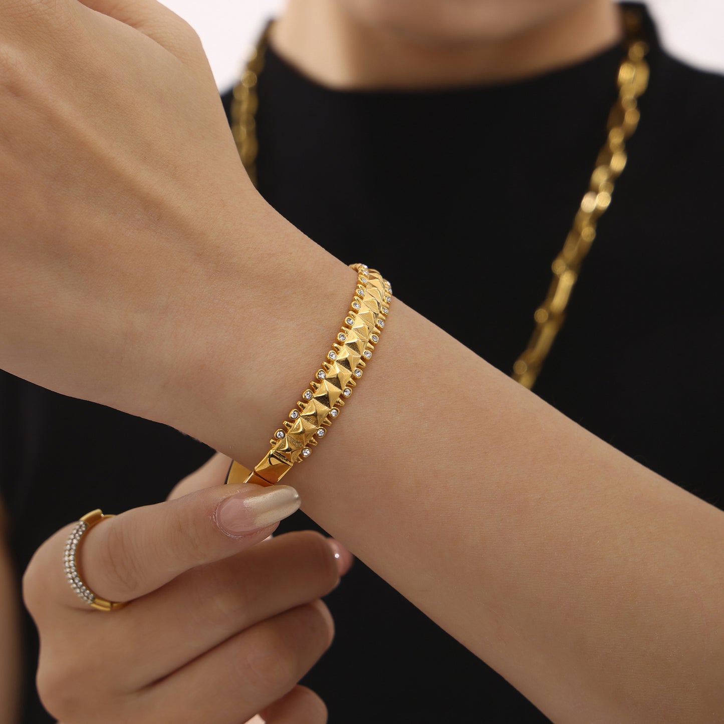 Stainless Steel Rivet Cubic Zirconia Bracelet