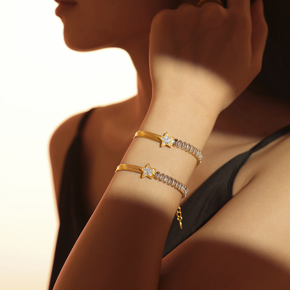 Star Pendant Flat Snake Chain Cubic Zirconia Bracelet