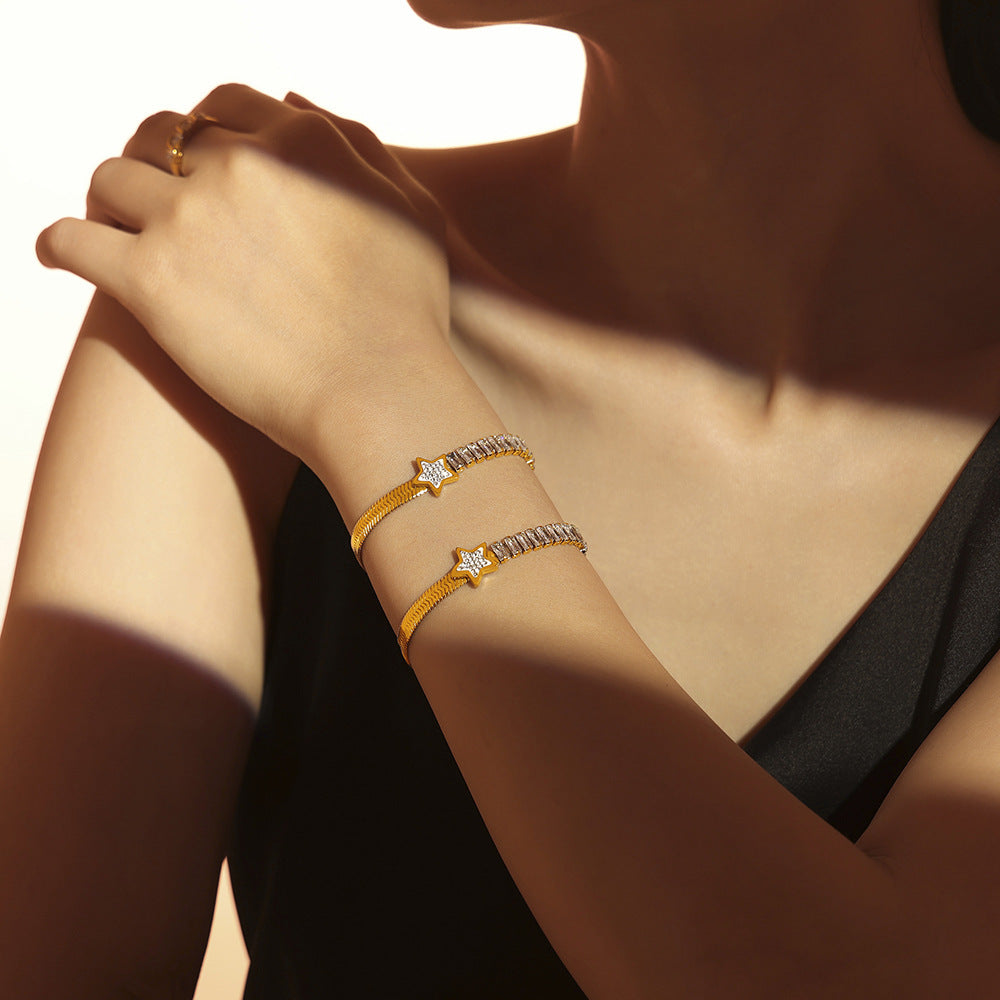 Star Pendant Flat Snake Chain Cubic Zirconia Bracelet