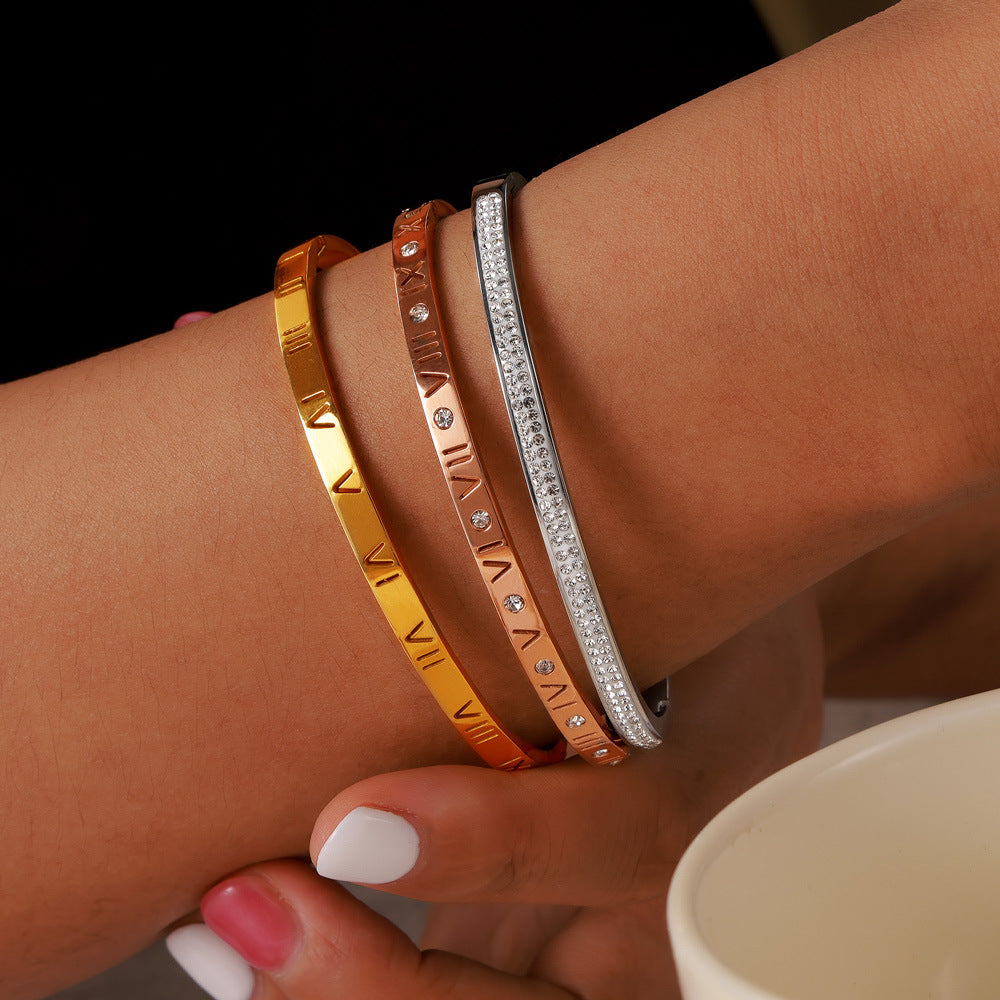 Stainless Steel Roman Numeral Thin Bangle Bracelet
