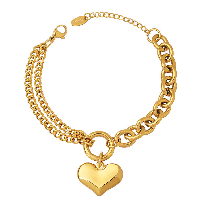 Cuban Chain Stitching Cable Chain Heart Pendant Bracelet