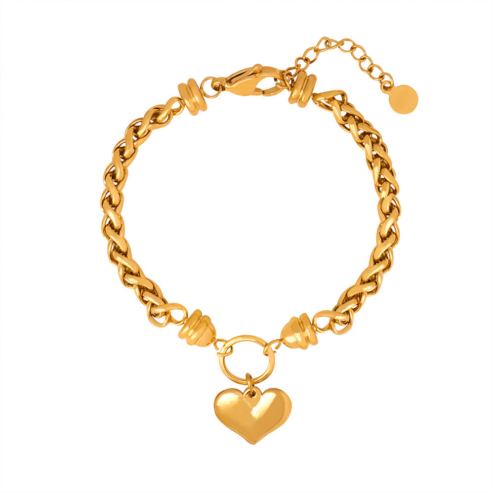 Stainless Steel Heart Pendant Wheat Chain Bracelet