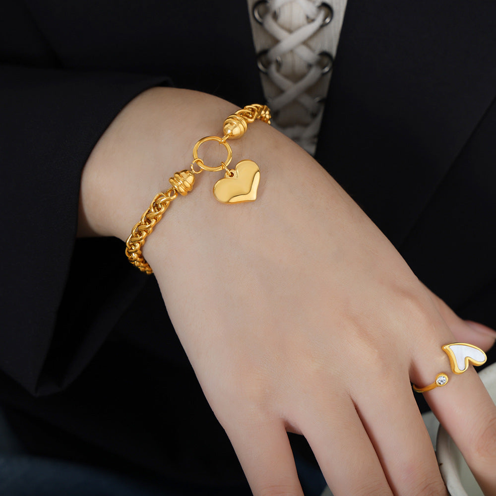 Stainless Steel Heart Pendant Wheat Chain Bracelet