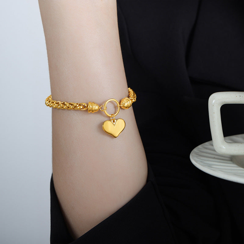 Stainless Steel Heart Pendant Wheat Chain Bracelet