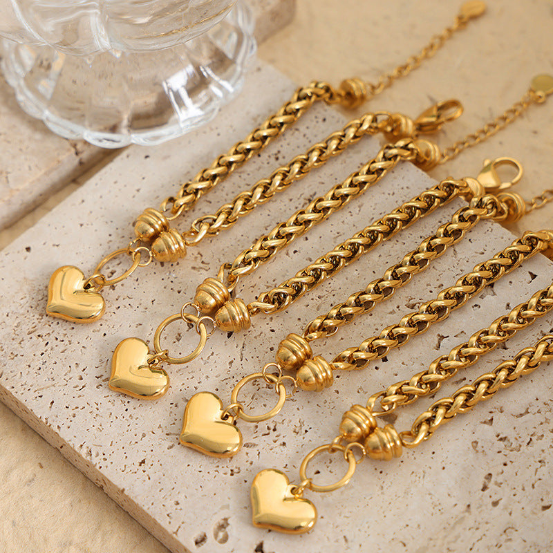Stainless Steel Heart Pendant Wheat Chain Bracelet