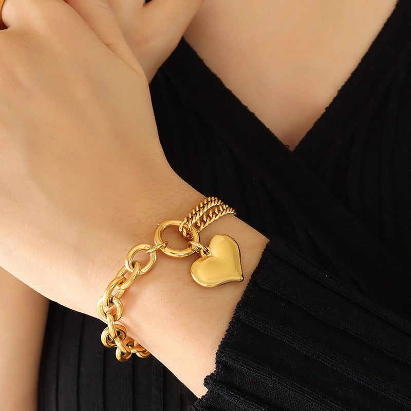 Cuban Chain Stitching Cable Chain Heart Pendant Bracelet