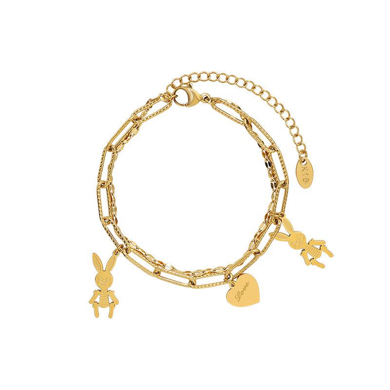 Rabbit Heart Pendant Stainless Steel Stackable Bracelet