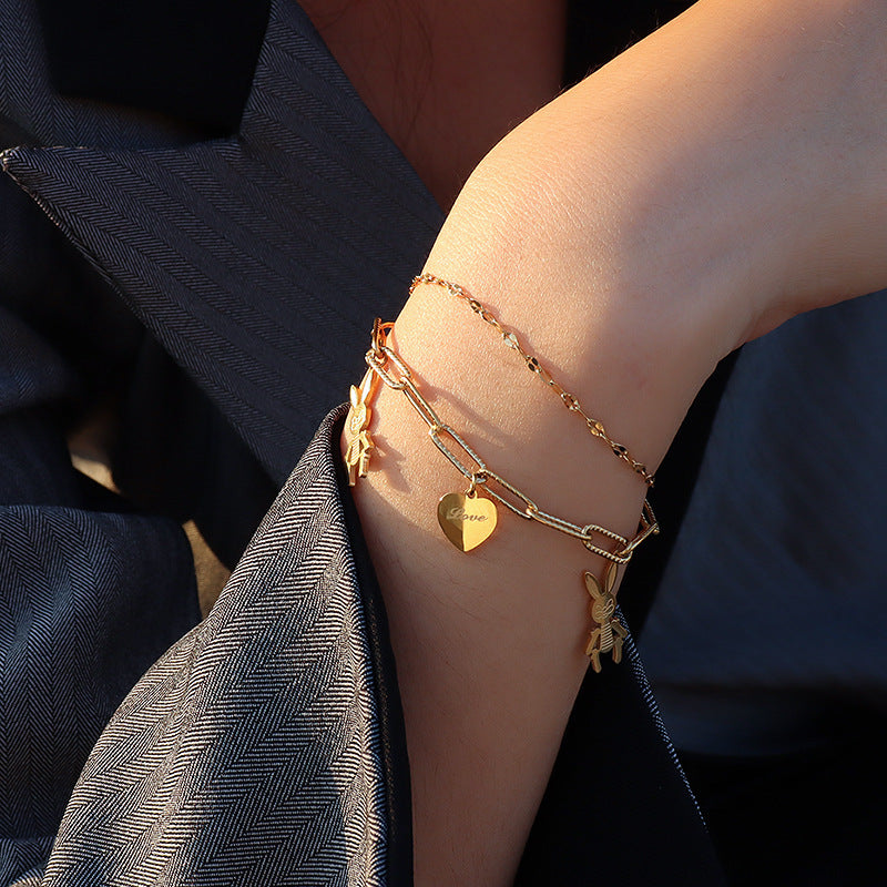 Rabbit Heart Pendant Stainless Steel Stackable Bracelet