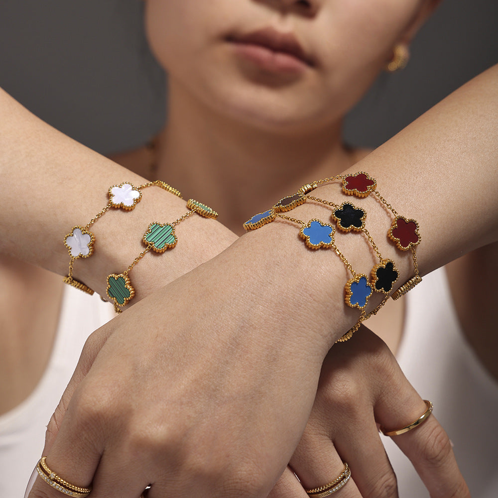 Stainless Steel Flower Inlay Agate Mother of Pearl Bracelet