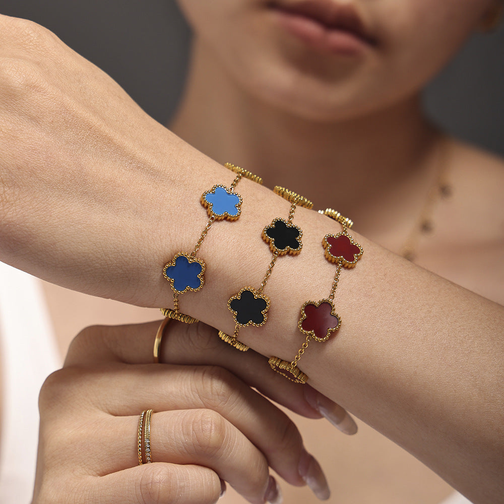 Stainless Steel Flower Inlay Agate Mother of Pearl Bracelet