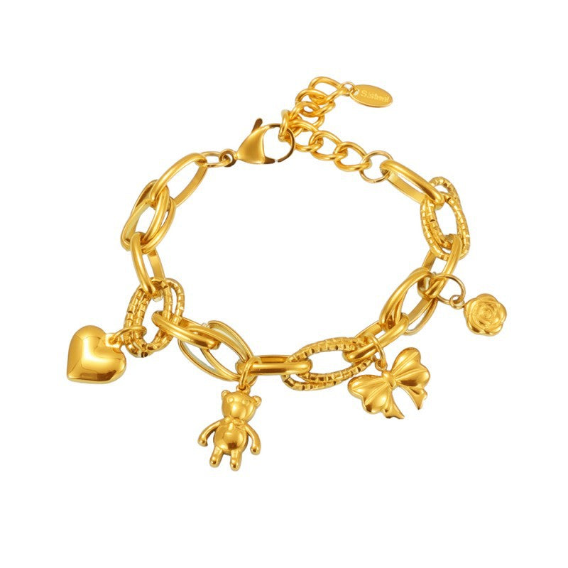 Stainless Steel Bear Heart Bow Charm Bracelet
