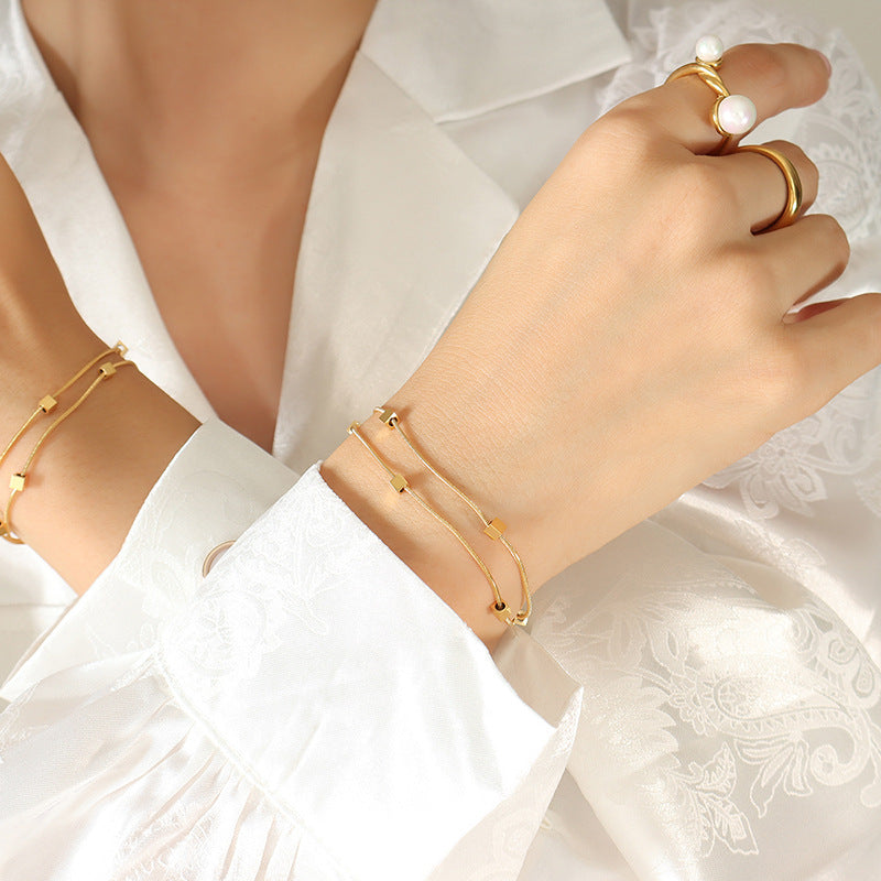 Stainless Steel Small Square Double Layer Snake Chain Bracelet