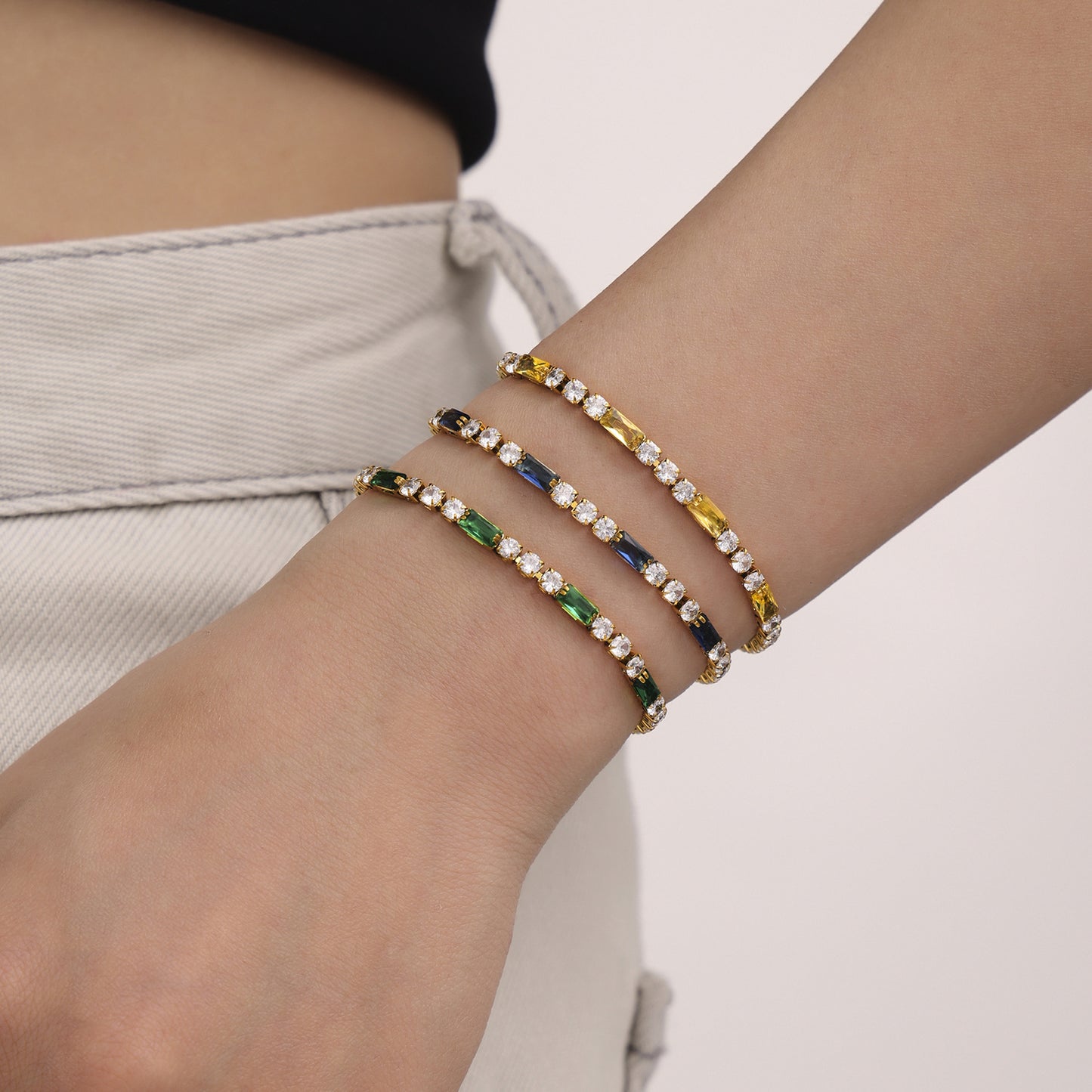 Square Multicolor Cubic Zirconia Stainless Steel Bracelet