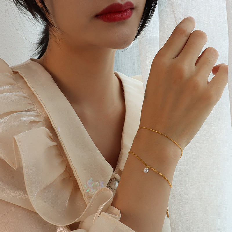 Cubic Zirconia Pendant Stainless Steel Double Layer Bracelet