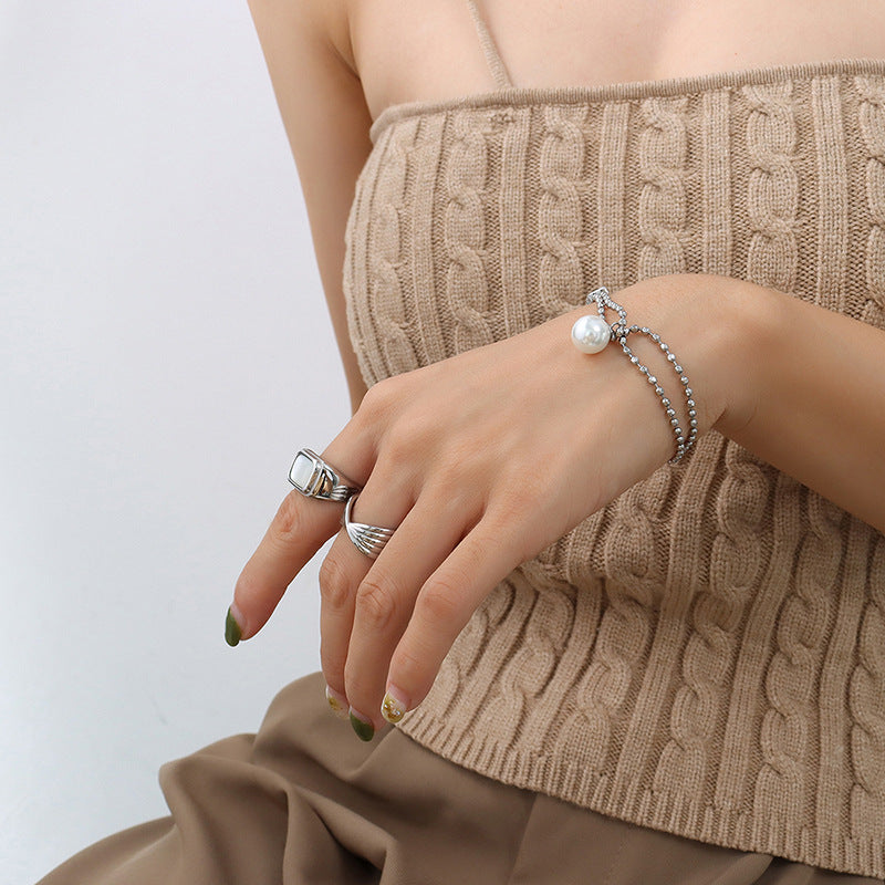 Imitation Pearl Pendant Stainless Steel Beaded Bracelet