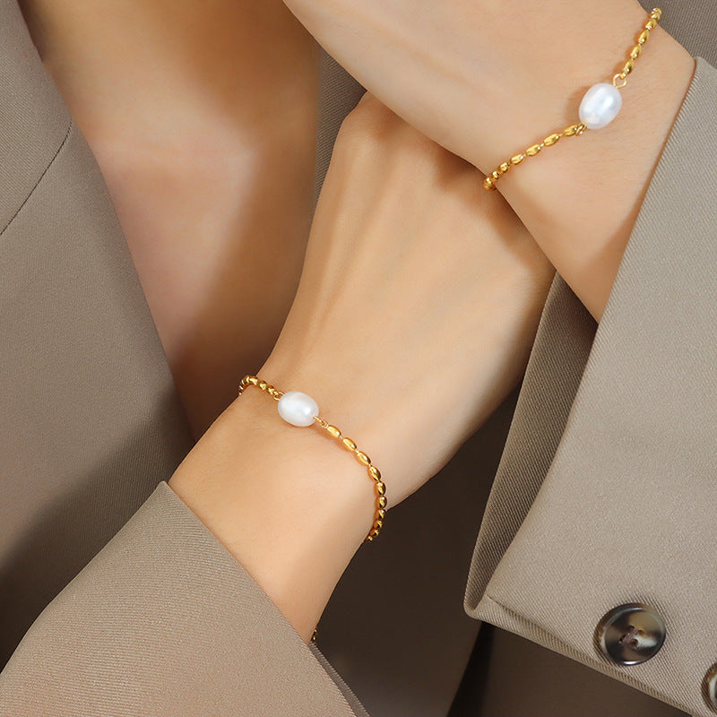 Freshwater Pearl Stitching Stainless Steel Beaded Bracelet