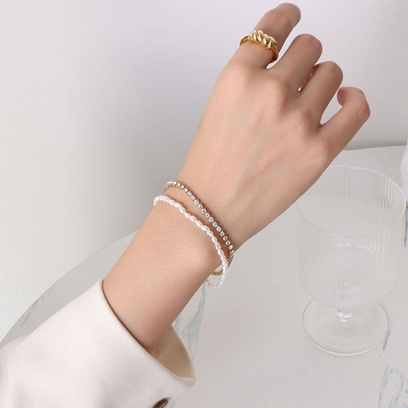 Freshwater Pearl Cubic Zirconia Double Layer Bracelet