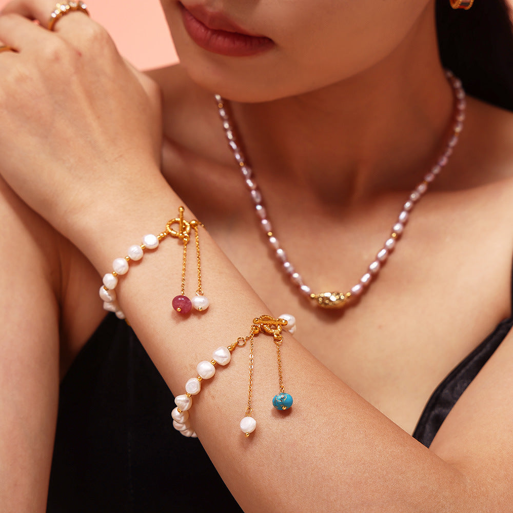 Tassel Natural Stone Pendant Freshwater Pearl OT Buckle Bracelet