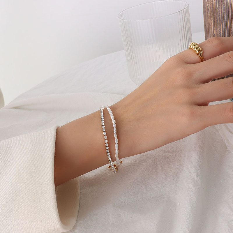 Freshwater Pearl Cubic Zirconia Double Layer Bracelet