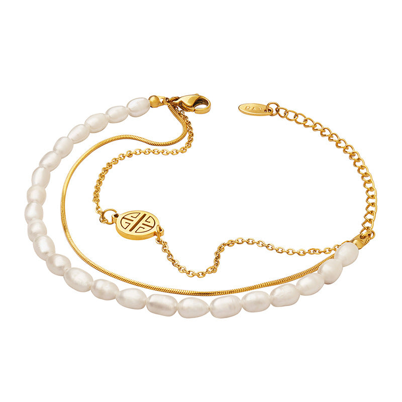 Stainless Steel Three-Layer Freshwater Pearl Bracelet