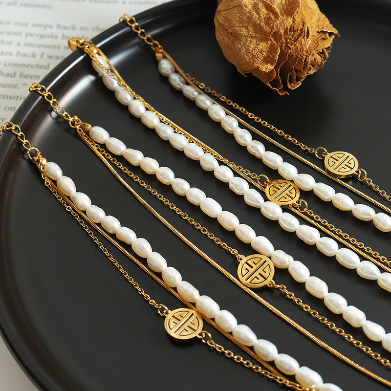 Stainless Steel Three-Layer Freshwater Pearl Bracelet