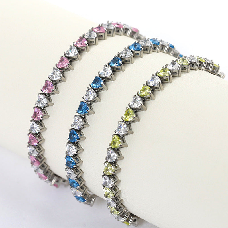 Stainless Steel Inlaid Heart CZ Adjustable Tennis Bracelet
