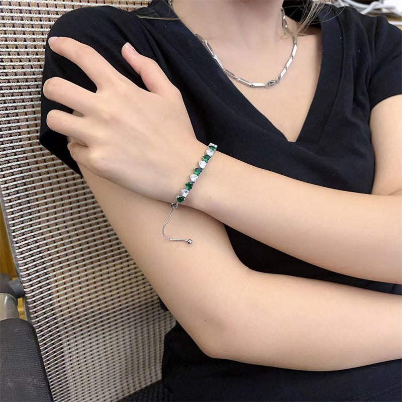 Stainless Steel Inlaid Heart CZ Adjustable Tennis Bracelet