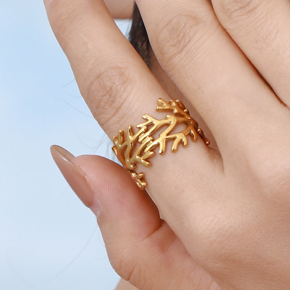 Stainless Steel 18K Gold PVD Coral Ring