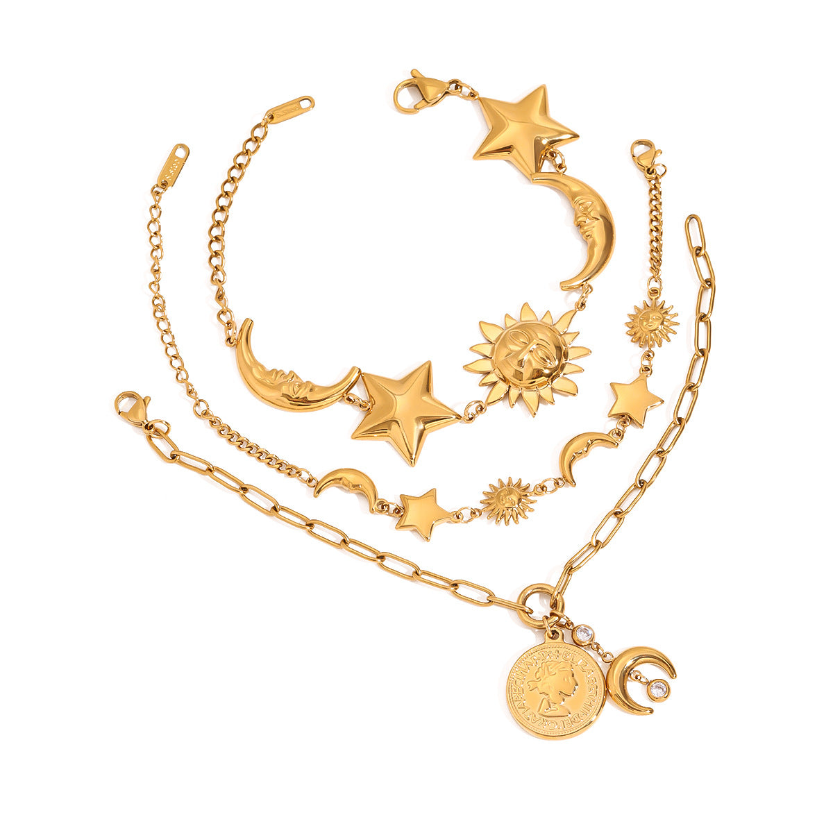 Stainless Steel 18K Gold PVD Star Moon Combination Bracelet