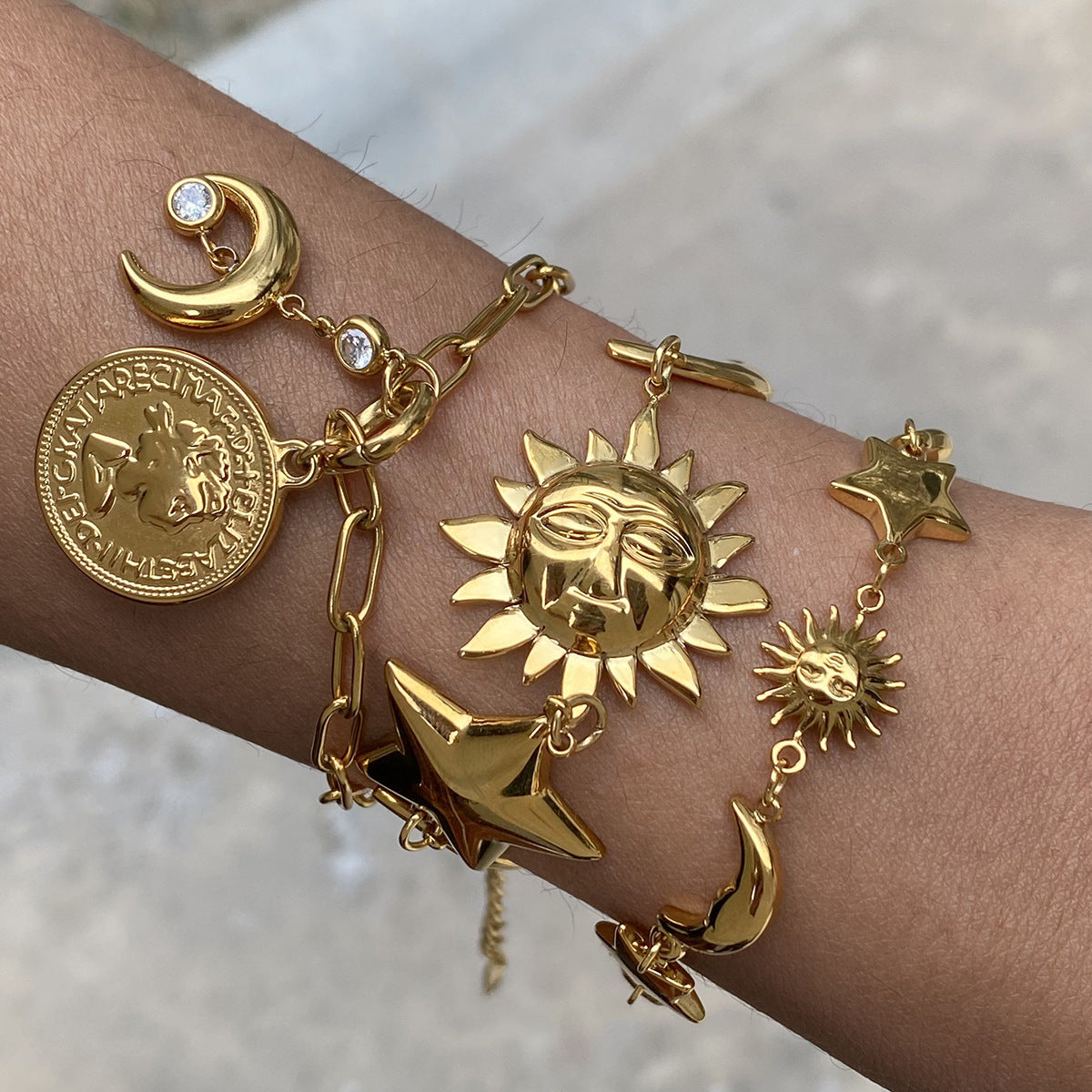 Stainless Steel 18K Gold PVD Star Moon Combination Bracelet