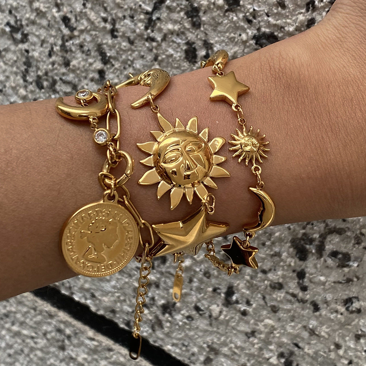 Stainless Steel 18K Gold PVD Star Moon Combination Bracelet