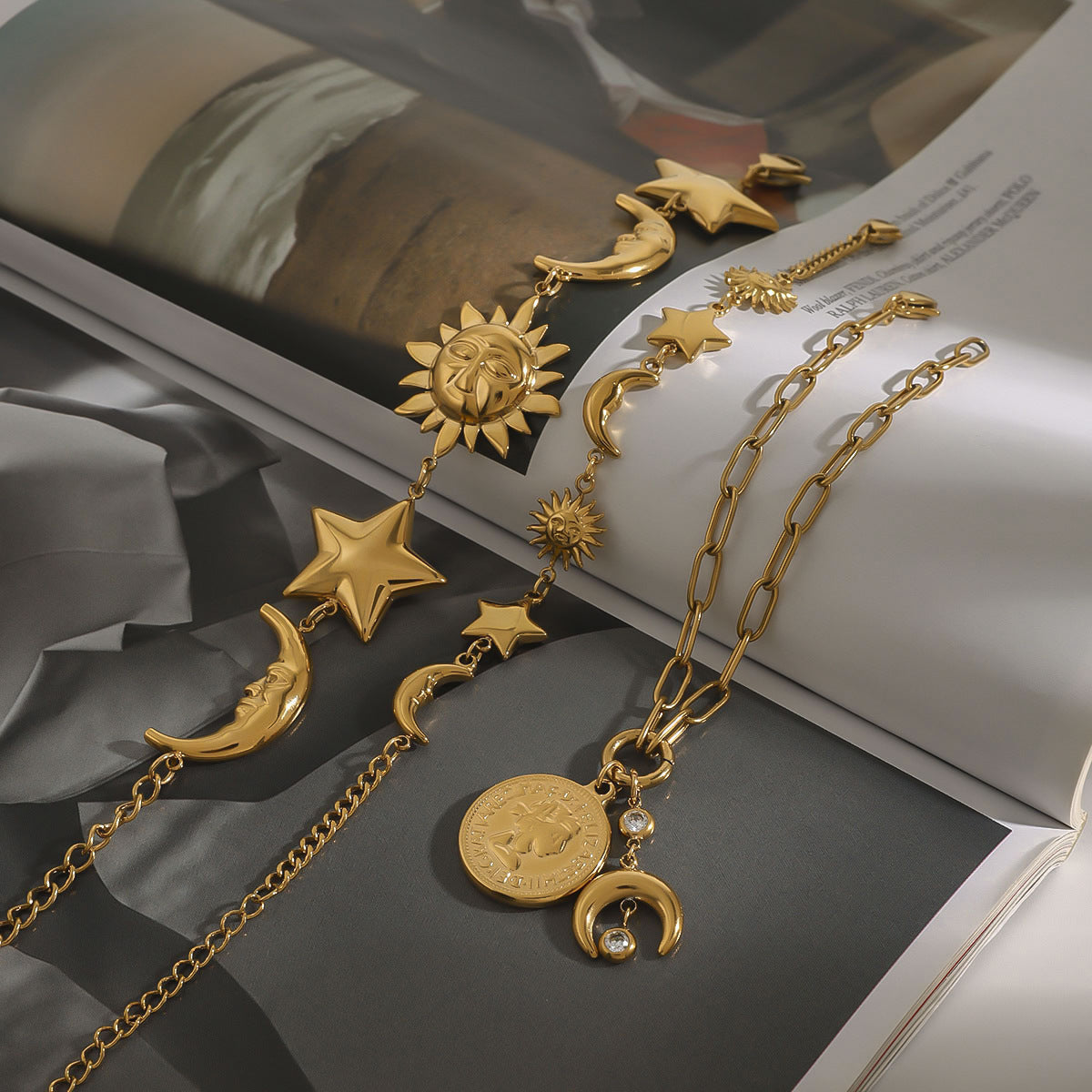 Stainless Steel 18K Gold PVD Star Moon Combination Bracelet