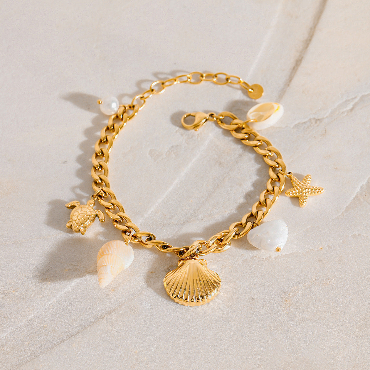 Stainless Steel Shell Pendant Curb Chain Bracelet