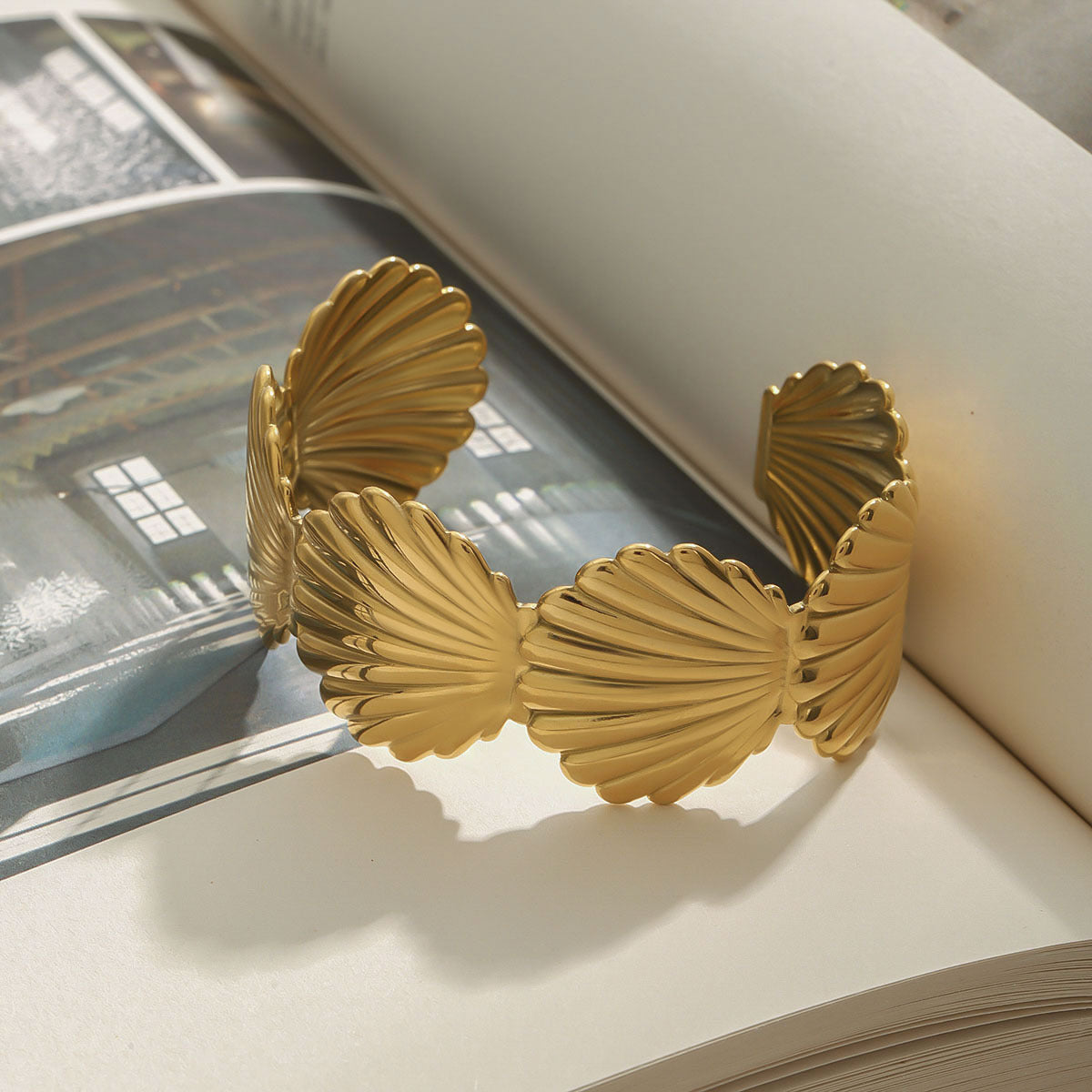 Stainless Steel Wide Face Shell Cuff Bracelet