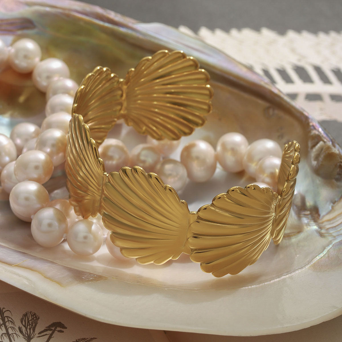 Stainless Steel Wide Face Shell Cuff Bracelet